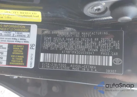 2012 Toyota Camry Le z USA, uszkodzony, nr VIN 4T1BF1FK3CU039941